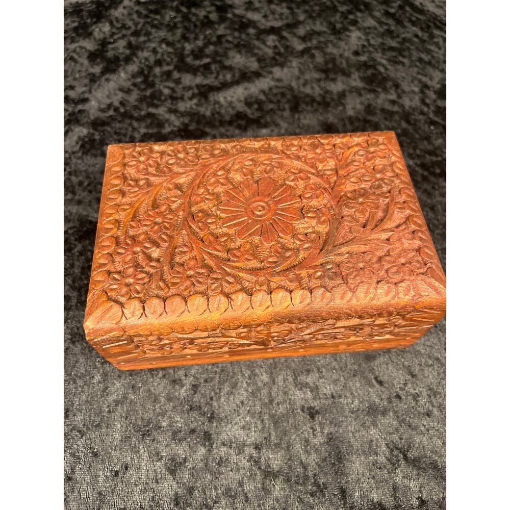Mahogany Wood Flower Carved Box from India